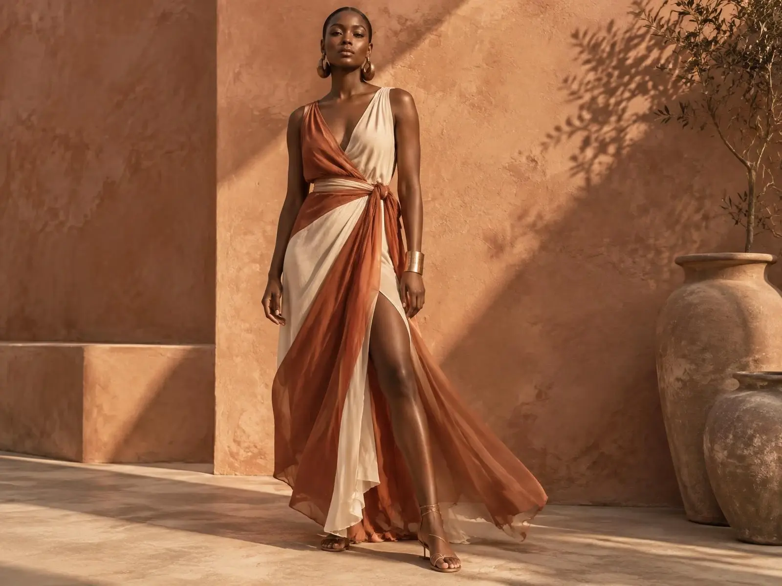 A model wearing a flowing terracotta and cream dress